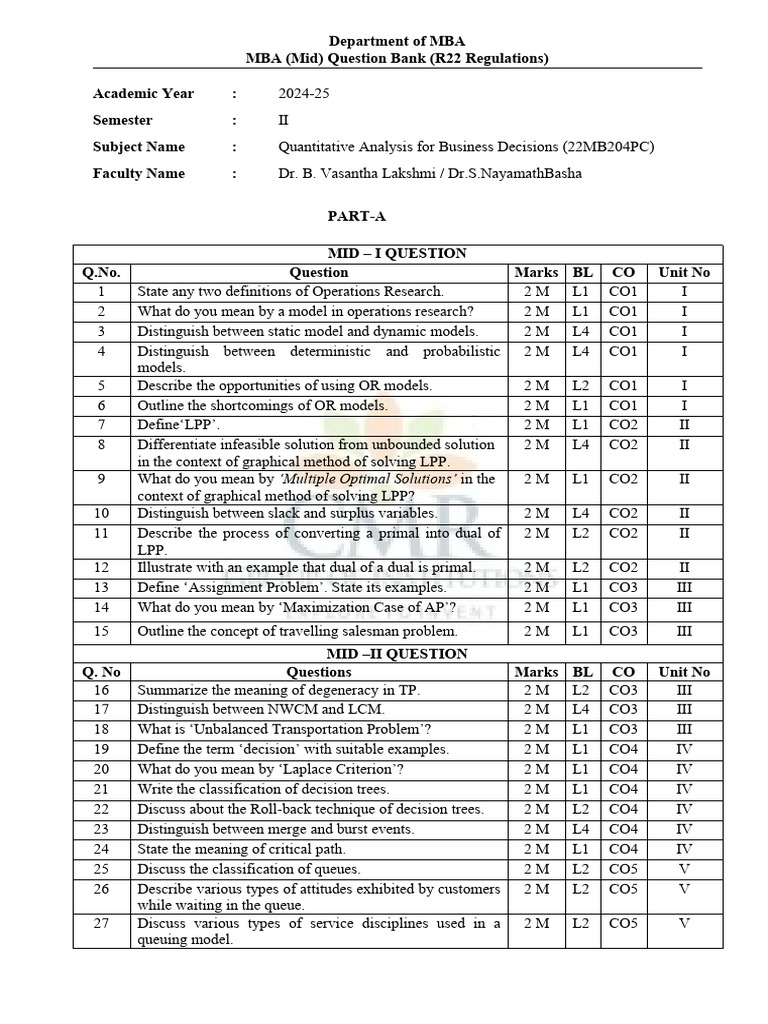 MBA Question Bank: Quantitative Analysis | PDF | Applied Mathematics