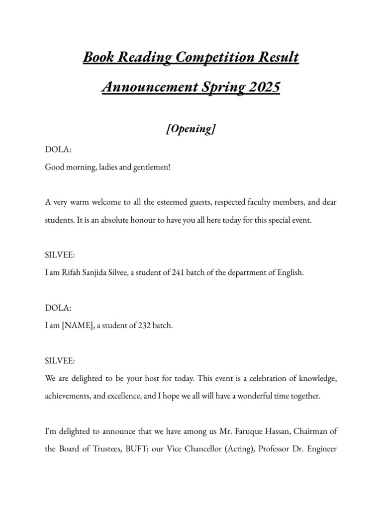 Spring 2025 - Book Reading Anchoring Script | PDF