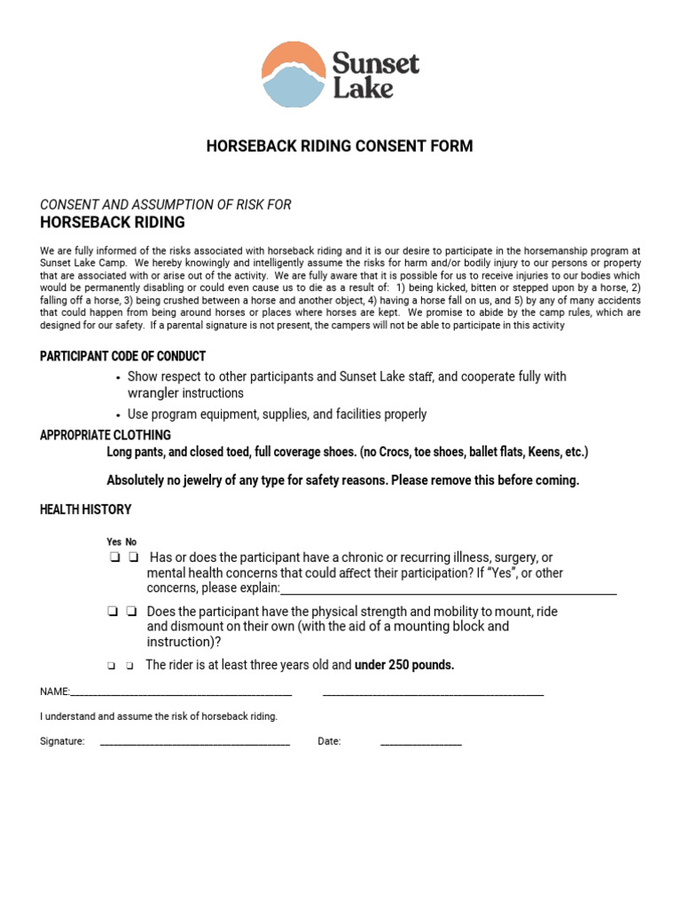 Horseback Riding Consent Form | PDF | Equestrianism | Horses
