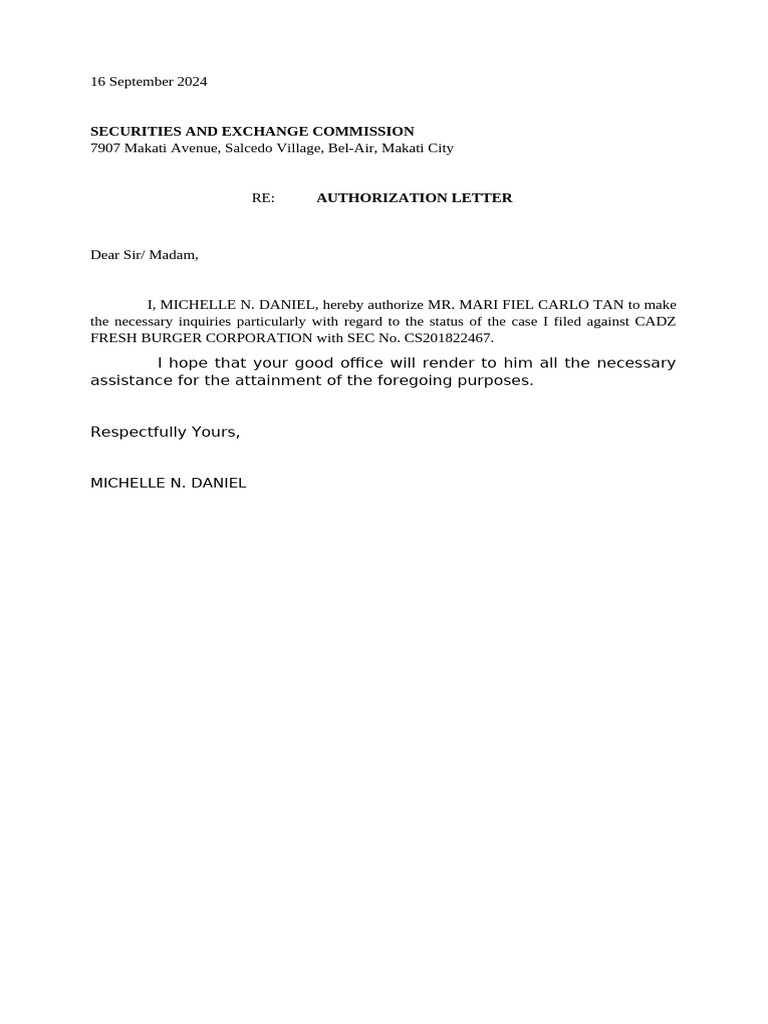 SEC Authorization Letter | PDF