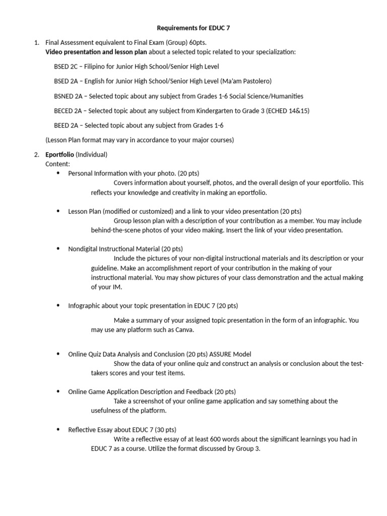 Requirements For EDUC 7 With Rubric | PDF | Lesson Plan | Teaching Method