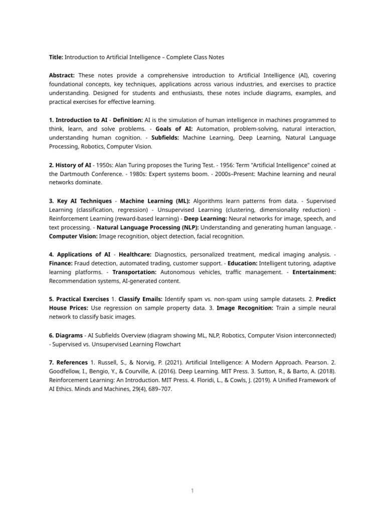 AI Introduction: Class Notes & Exercises | PDF | Artificial ...