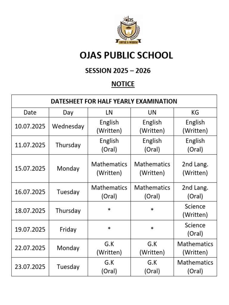 Half Yearly Exam Datesheet 2025 | PDF