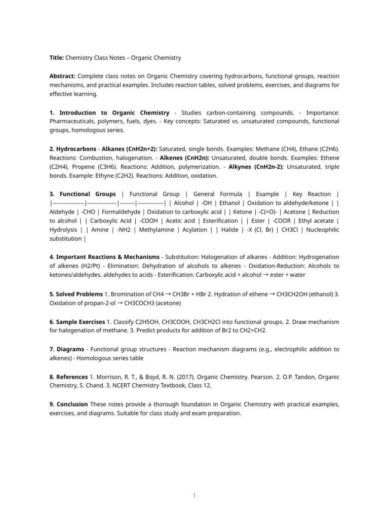 Comprehensive Organic Chemistry Notes | PDF | Alkene | Ester