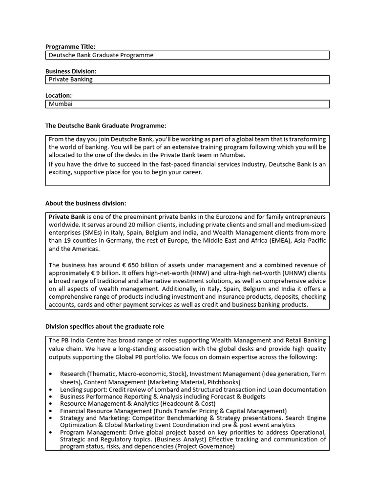 Deutsche Bank PB&A Graduate Program 2026 | PDF | Banks | Analytics