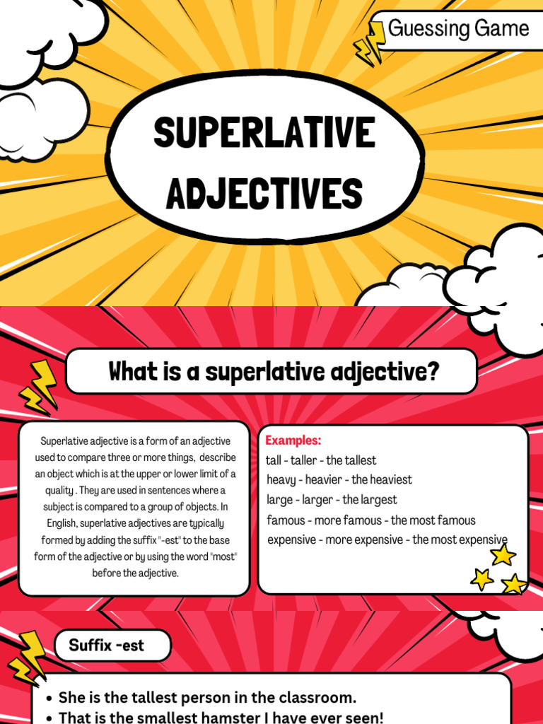 Superlative Adjectives Guessing Game in Colorful Comic Style | PDF