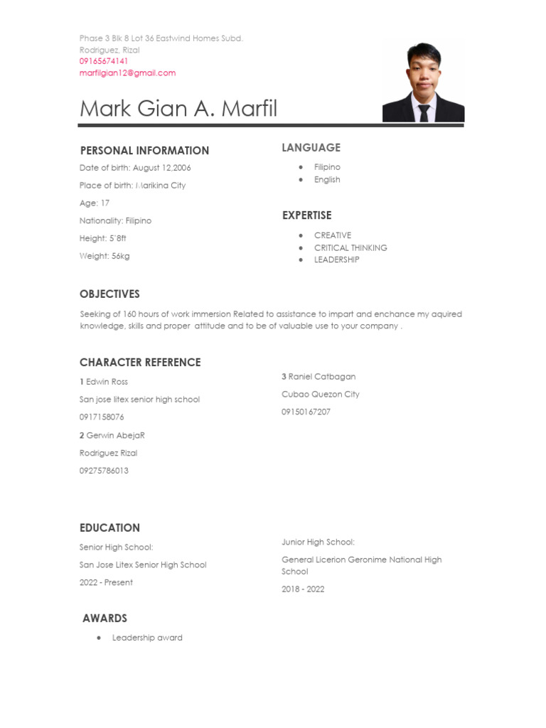 Jollibee Service Crew Resume: Mark Gian | PDF