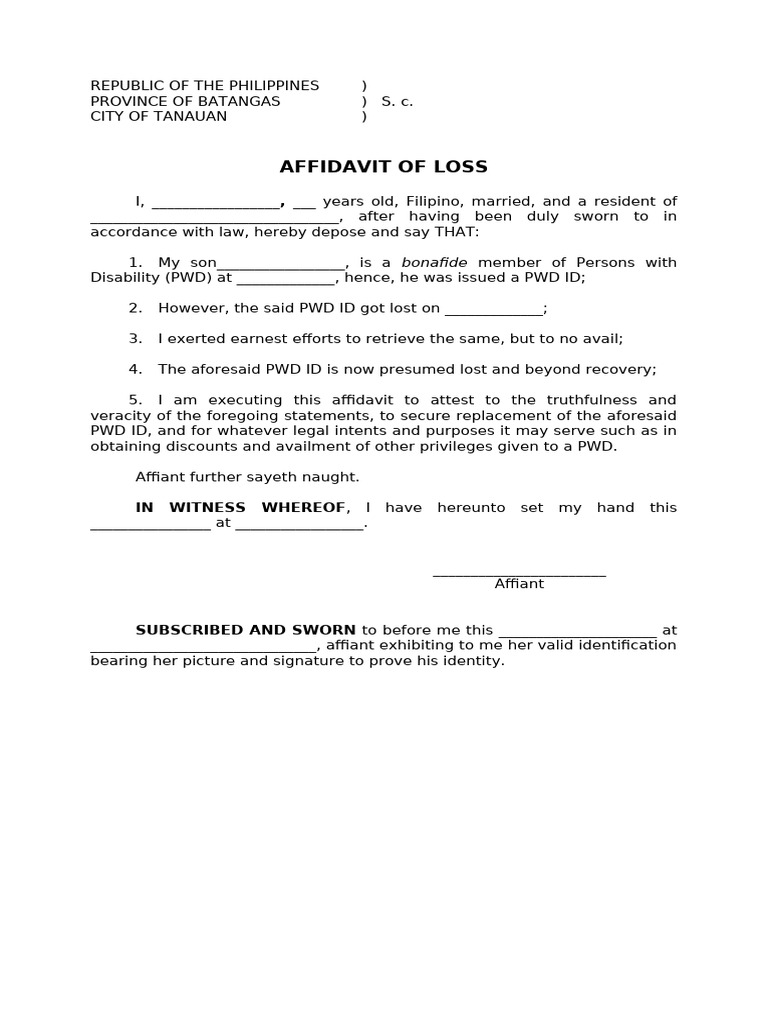 Affidavit of Loss for PWD ID | PDF