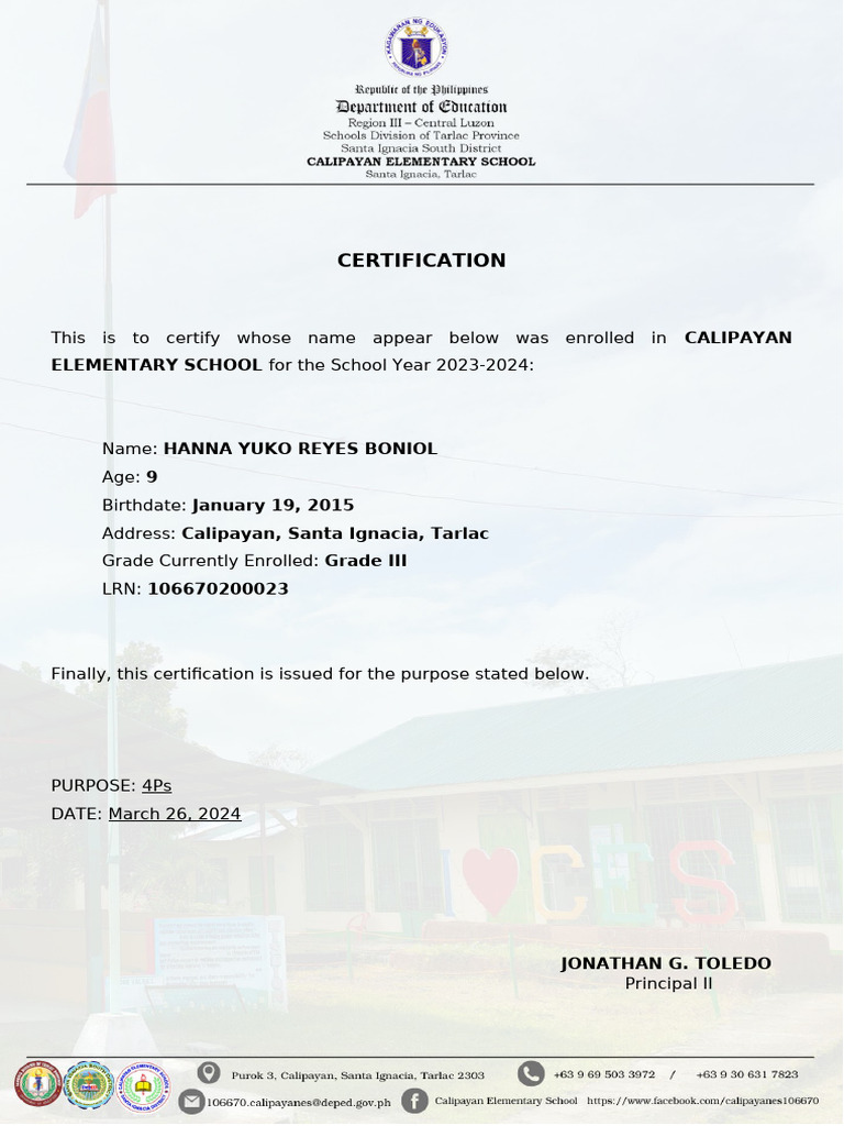 Calipayan Elementary School Certification | PDF