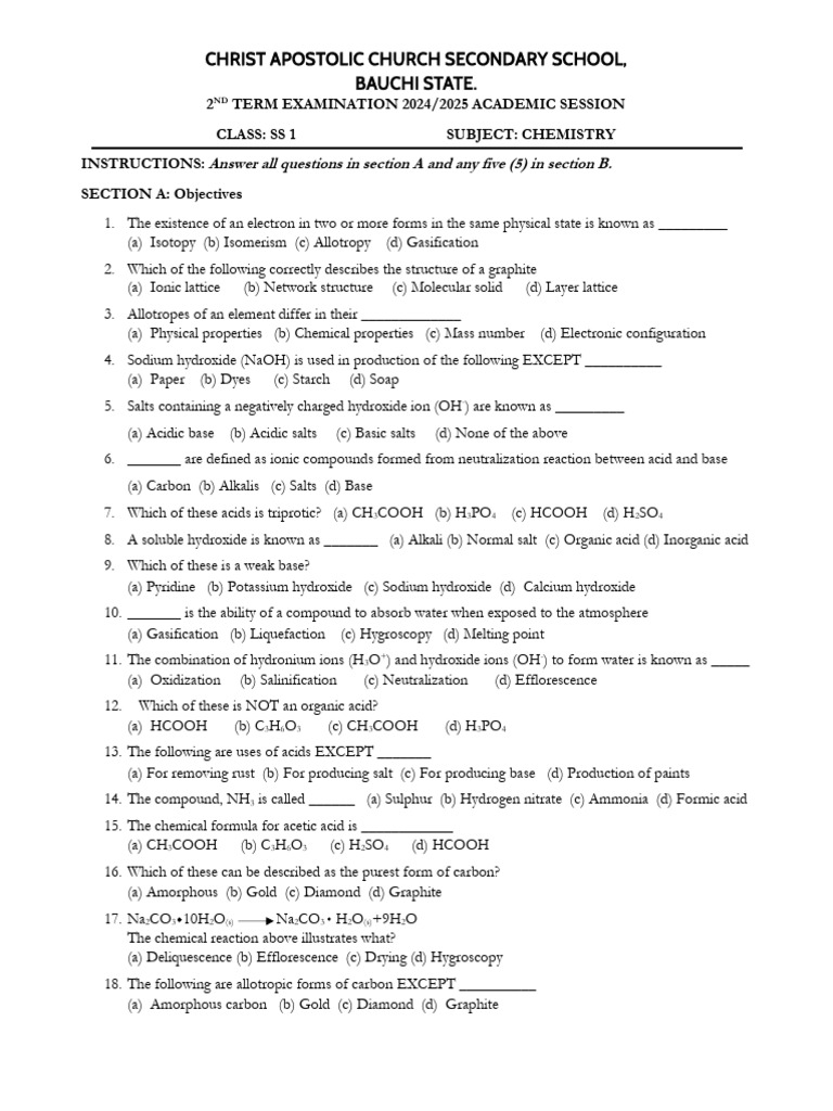 SS1 & SS2 Chemistry Exam 2024/2025 | PDF | Hydroxide | Alkane