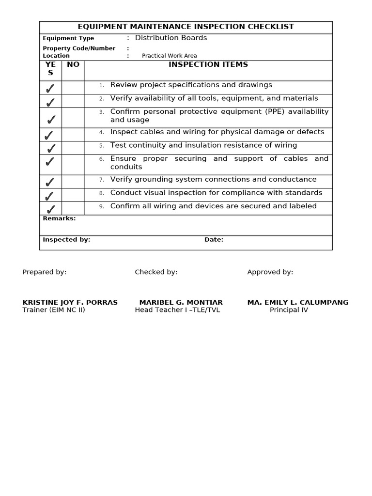 Equipment Maintenance Inspection Checklist | PDF