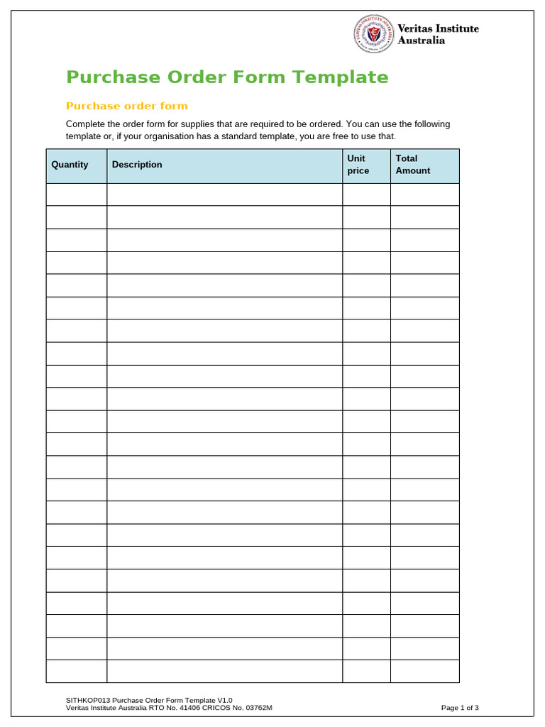 SITHKOP013 Purchase Order Form Template V1.0 | PDF