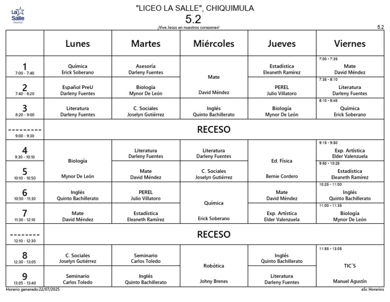 Horario de Clases Liceo La Salle 2025 | PDF