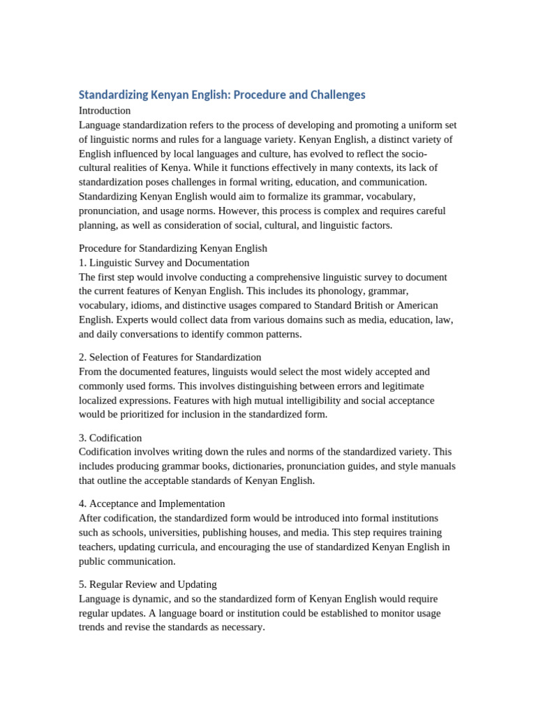Standardizing Kenyan English Essay | PDF | English Language | Linguistics