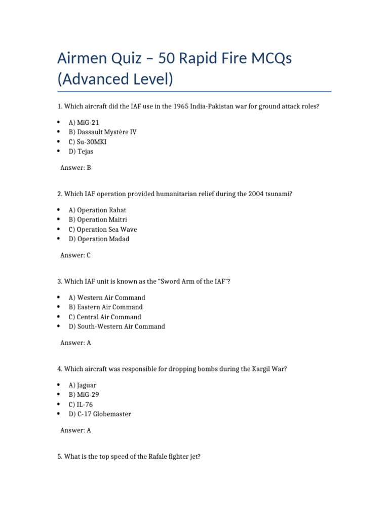 IAF Advanced Quiz: 50 MCQs | PDF