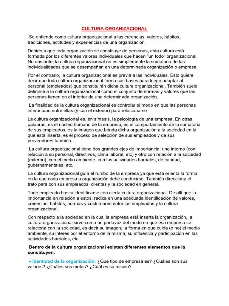 Elementos de la Cultura Organizacional | PDF | Cultura organizacional ...