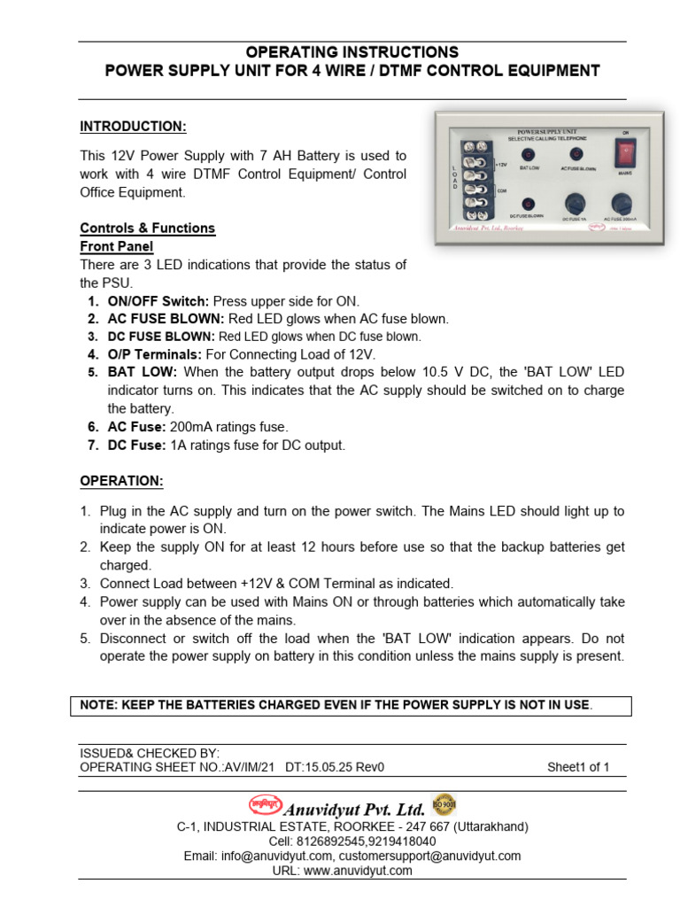 Power Supply Unit Instructions for DTMF | PDF