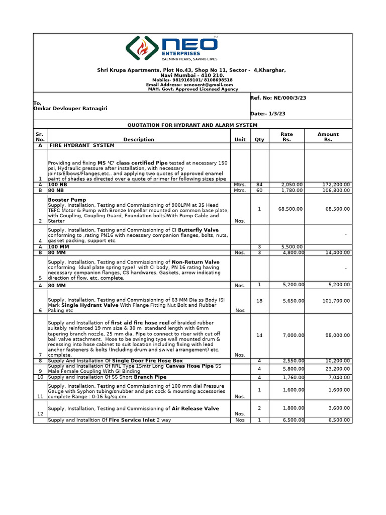 Fire Hydrant and Alarm System Quotation | PDF | Pipe (Fluid Conveyance ...