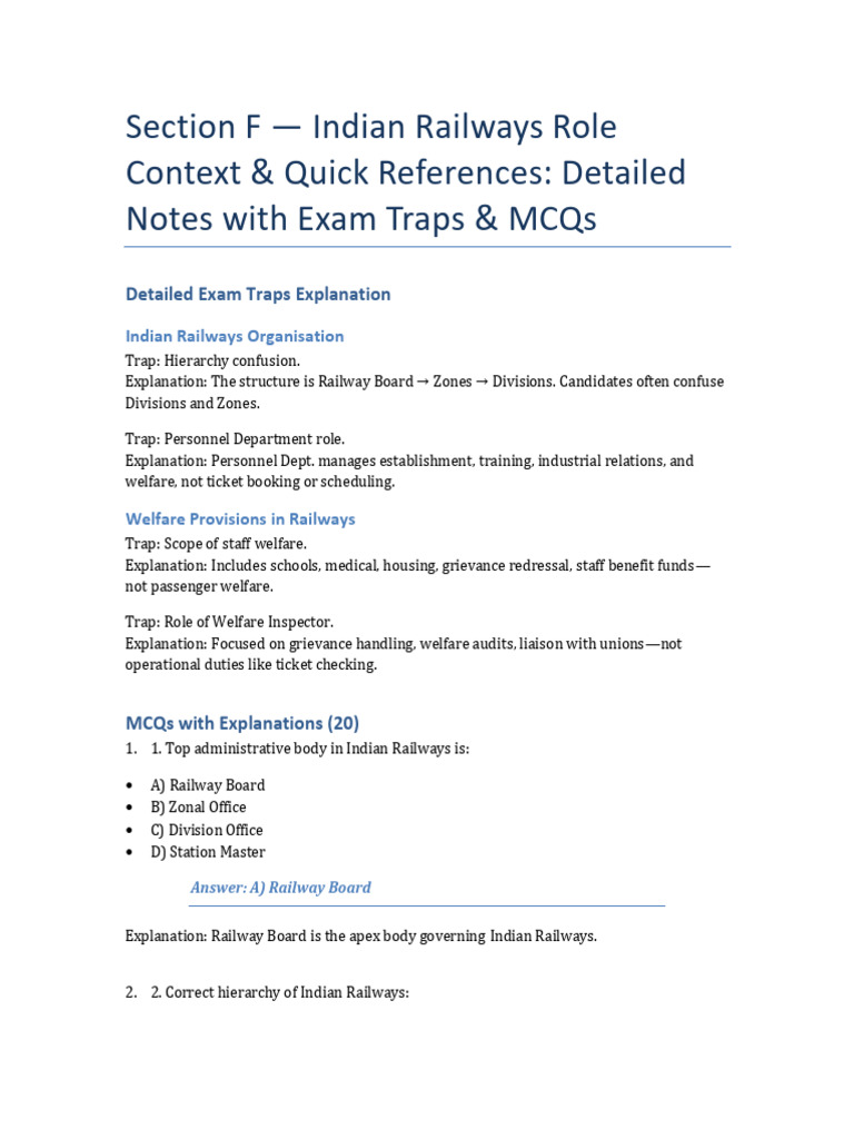 Section F Detailed Notes With Exam Traps and MCQs | PDF | Rail Transport