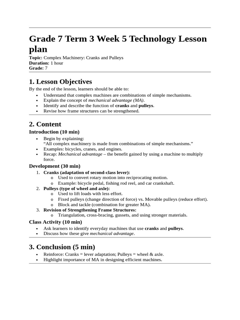 Cranks and Pulleys in Grade 7 Tech | PDF