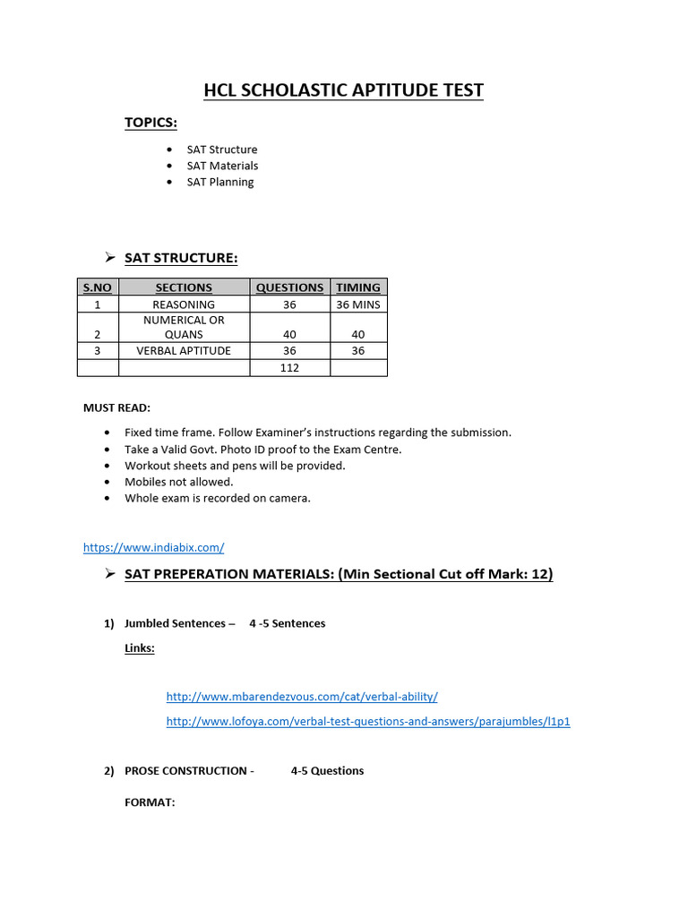 HCL SAT Exam Structure and Preparation | PDF | Sat