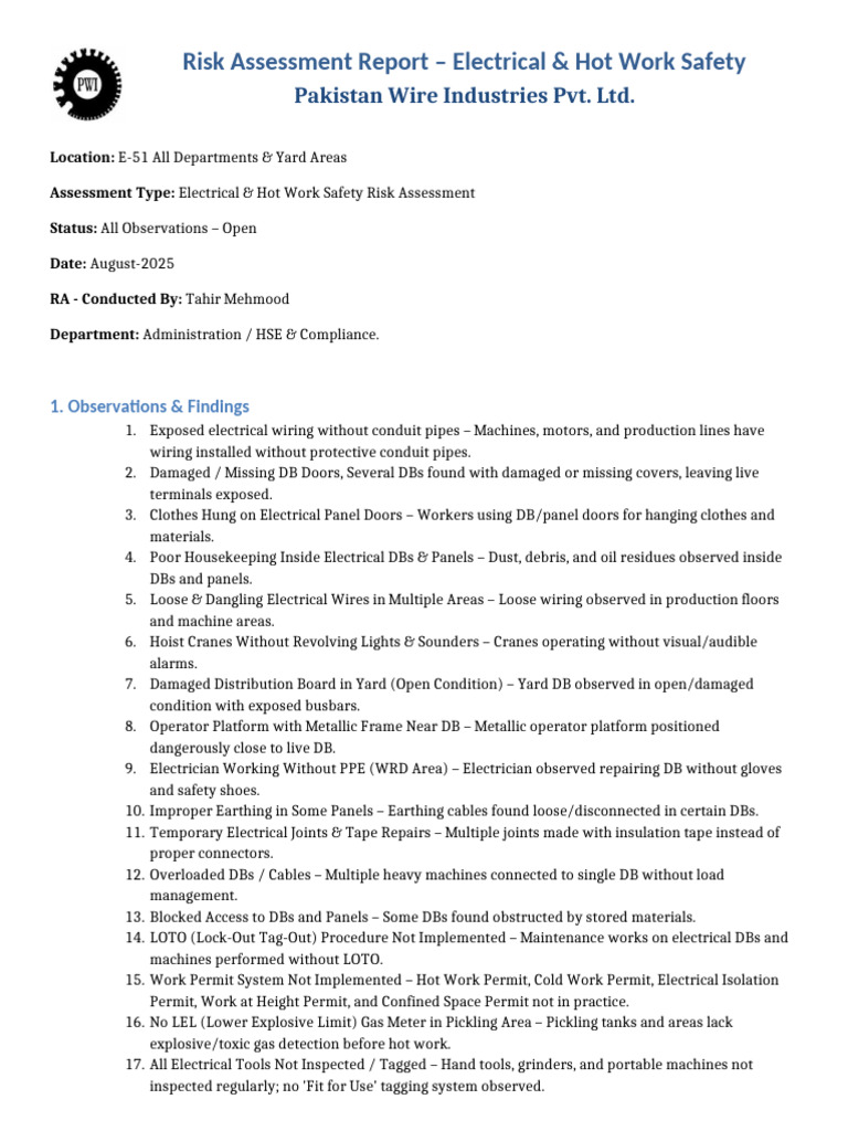 Electrical & Hot Work Safety Risks Report | PDF | Electrical Wiring ...