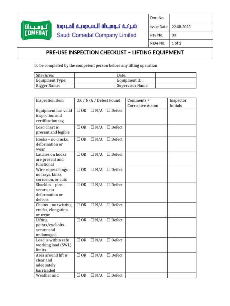 Lifting Equipment Pre Use Inspection Checklist | PDF | Manufactured Goods