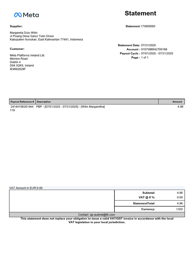 Supplier Statement for Meta Platforms | PDF