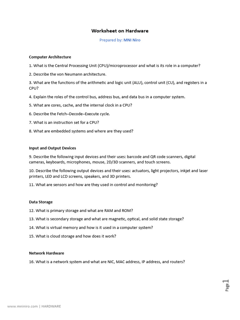 Worksheet On Hardware | PDF | Central Processing Unit | Computer Data ...