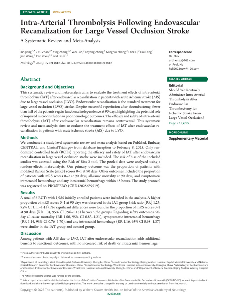 Intra-Arterial Thrombolysis for Stroke | PDF | Stroke | Randomized ...