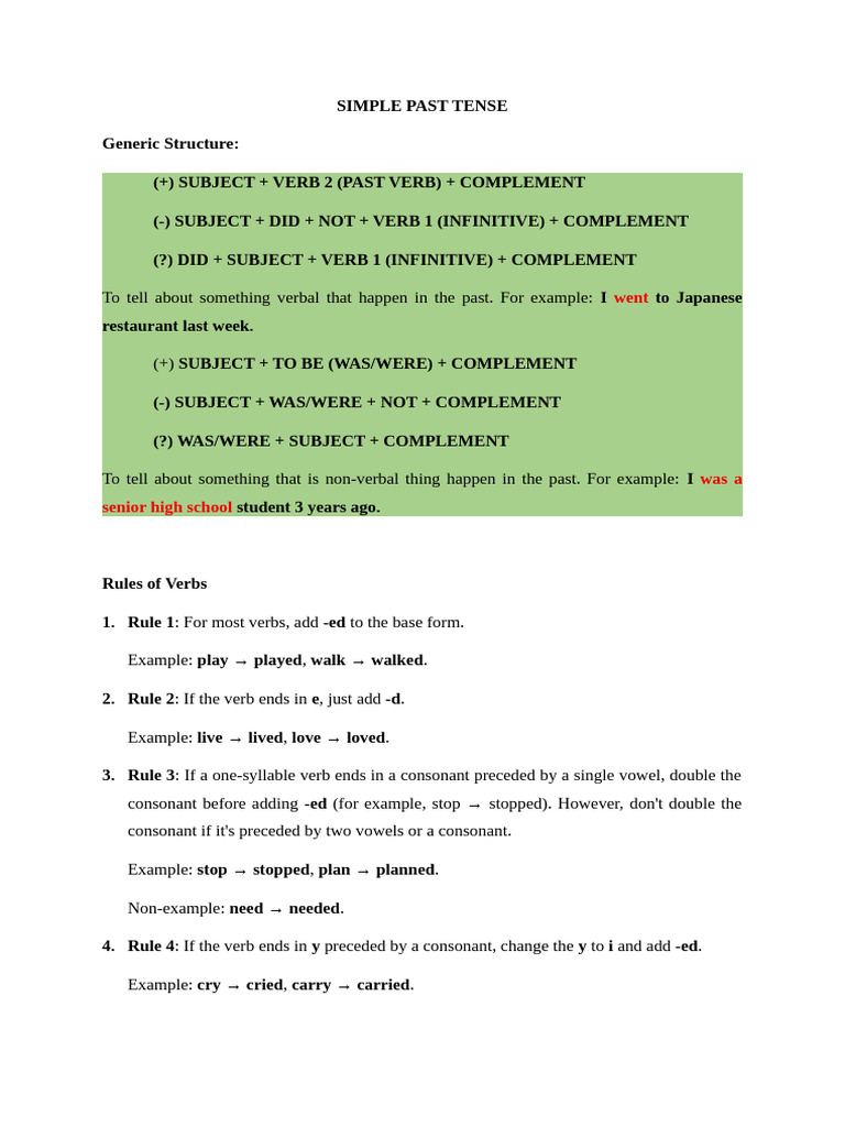 Simple Past Tense Rules and Examples | PDF