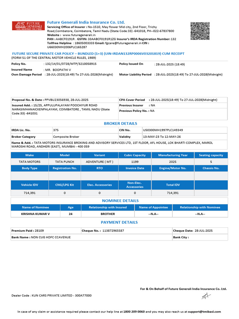 TATA Punch Insurance Policy Receipt | PDF | Insurance | Engines