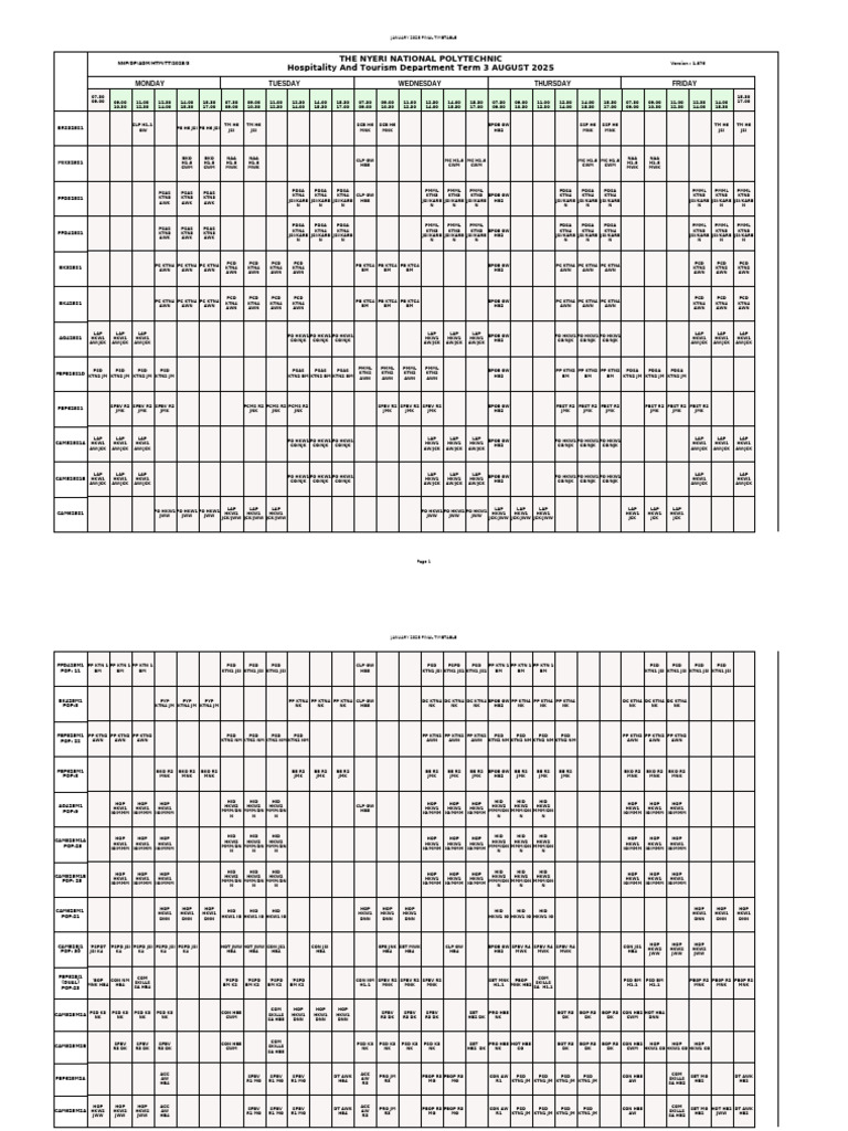 Sept 1 2025 Hospitality Timetable | PDF
