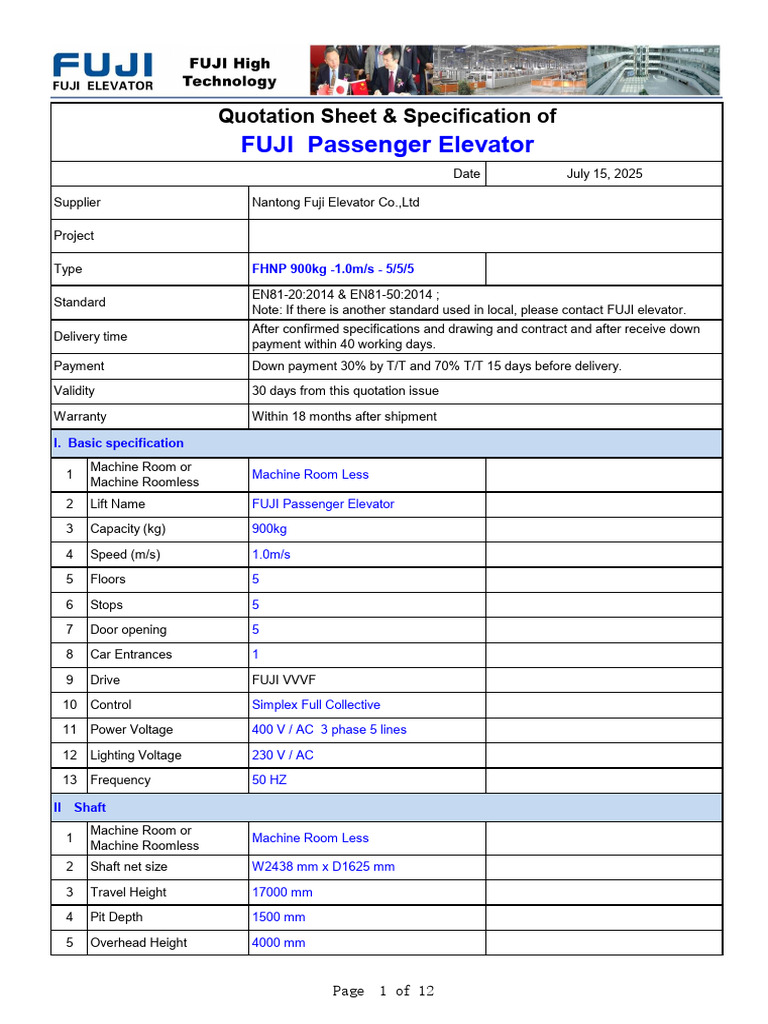 FUJI 900kg Passenger Elevator Specs | PDF | Elevator | Door