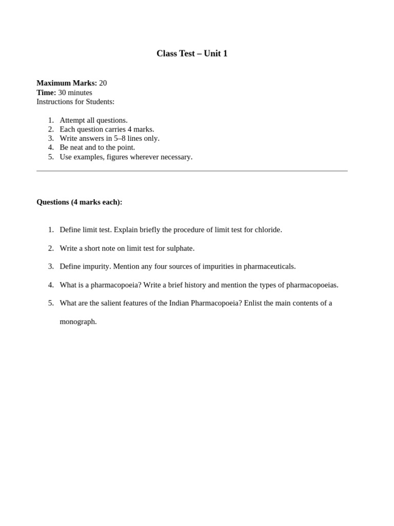 Class Test: Limit Tests & Pharmacopoeia | PDF