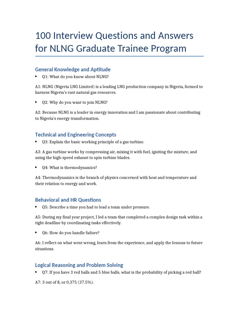 NLNG Graduate Trainee Interview Guide | PDF | Heat | Gases