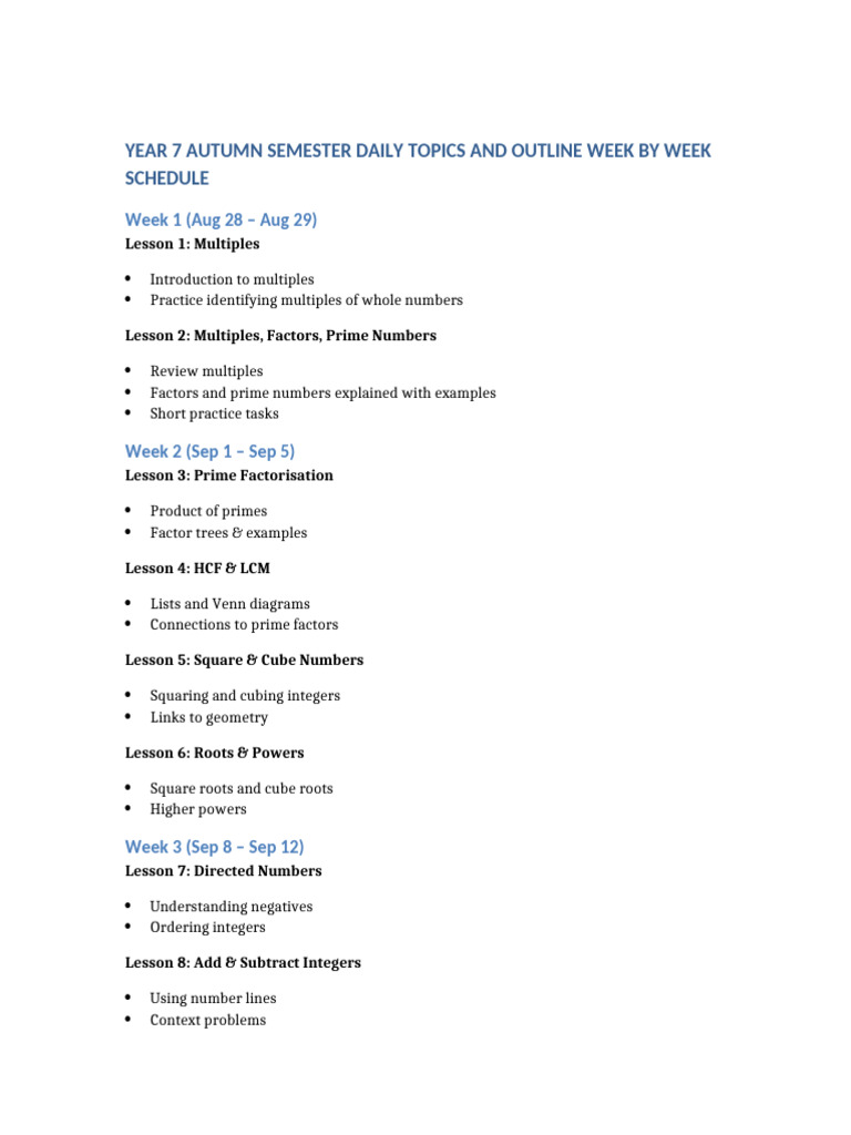 Year 7 Math Topics Weekly Outline | PDF | Numbers | Triangle