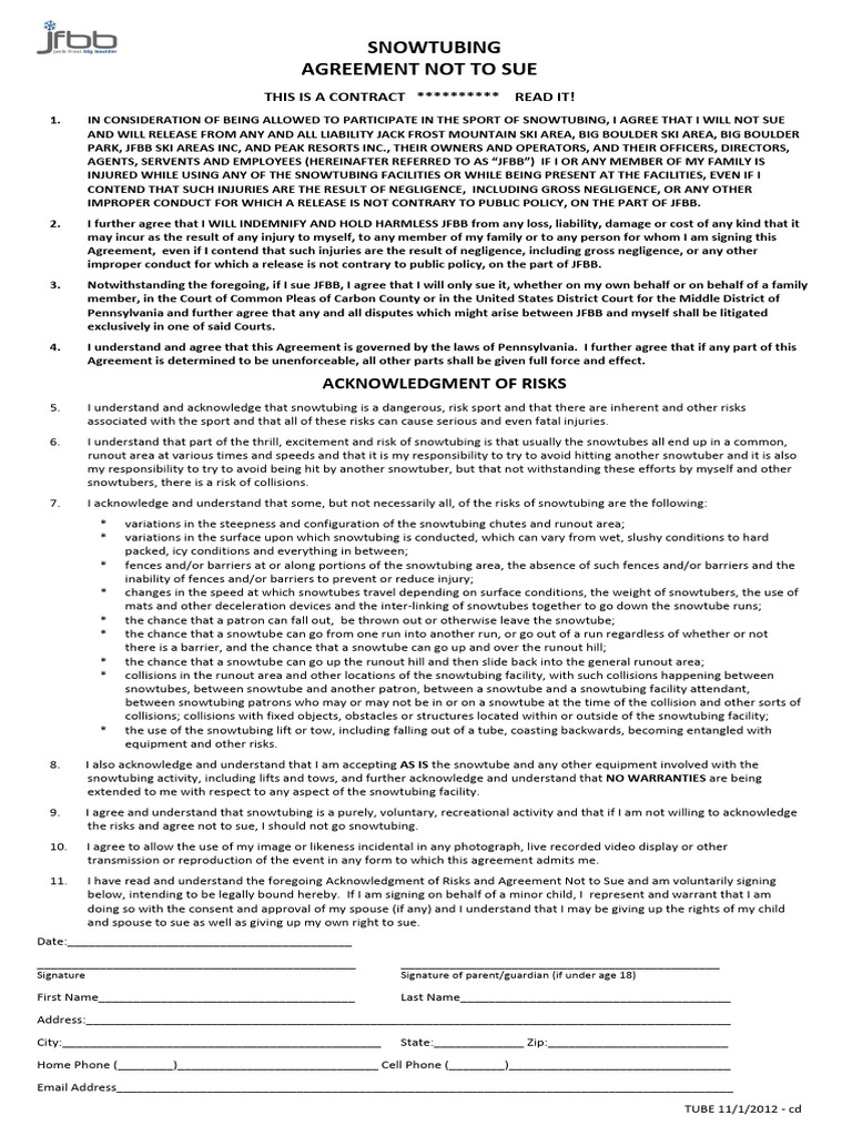 2015-2016 Snow Tubing Form | PDF | Indemnity | Private Law
