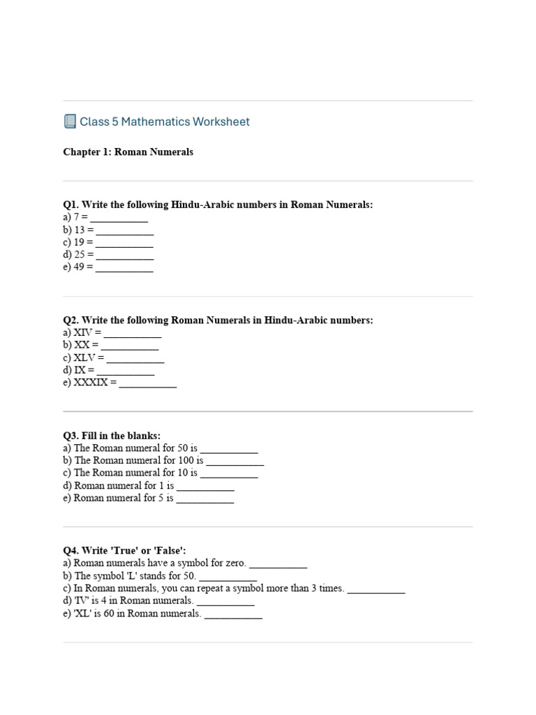 Roman Numerals Practice Worksheet | PDF