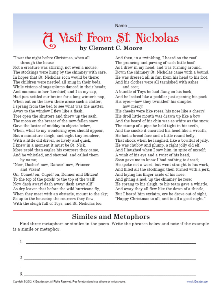 A Visit From St. Nicholas Analysis | PDF | Santa Claus's Reindeer ...