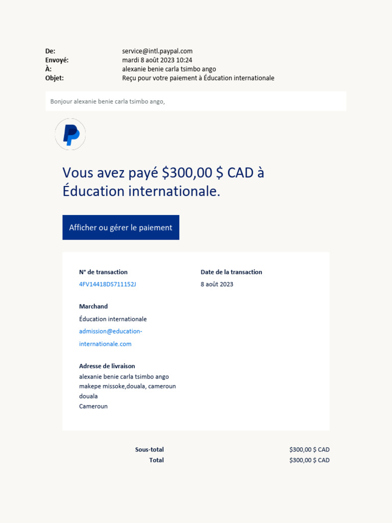 Reçu de paiement PayPal Éducation internationale | PDF