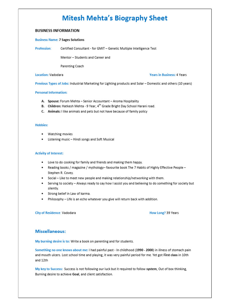 BIO Sheet of Mitesh Mehta | PDF