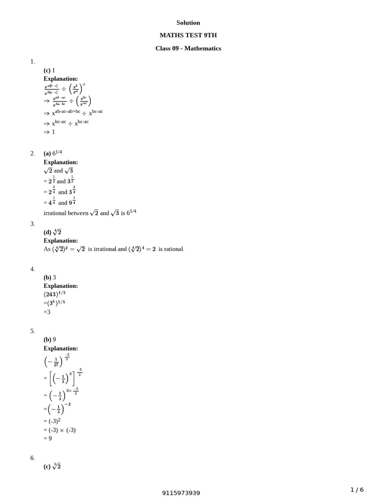 9th Grade Mathematics Test Solutions | PDF | Abstract Algebra | Number ...