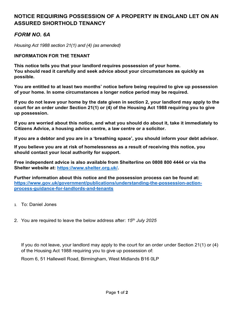 Form 6A Notice of Possession | PDF | Landlord | Natural Resources Law