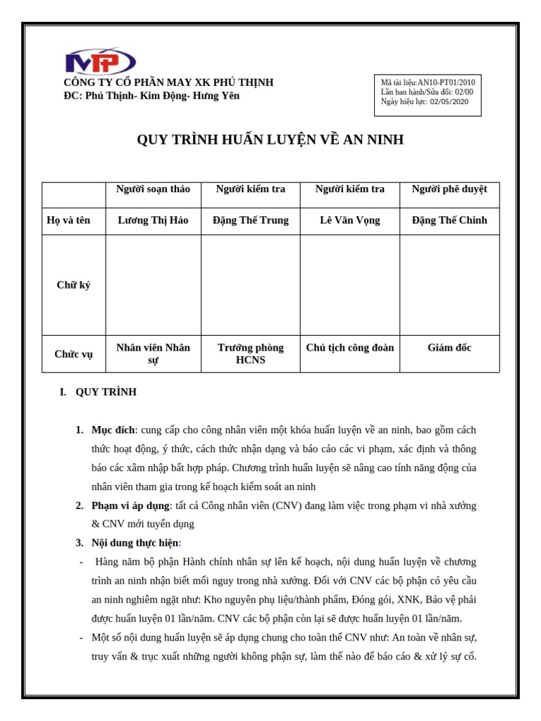 AN10 PT01 Quy Trình Huấn Luyện Về an Ninh | PDF