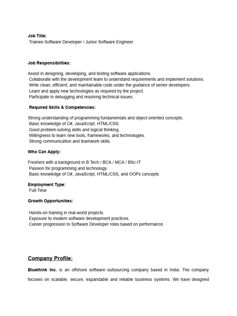 Trainee Software Developer Job in Noida | PDF