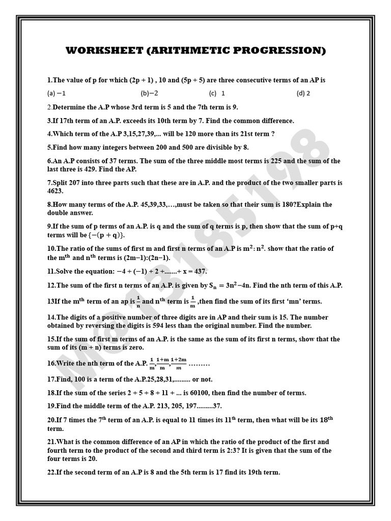 Arithmetic Progression Problems Worksheet | PDF | Mathematics | Number ...