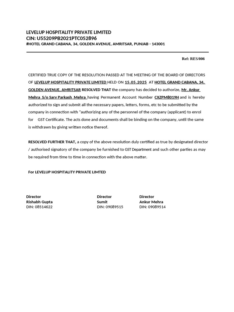 Board Resolution for GST Authorization | PDF