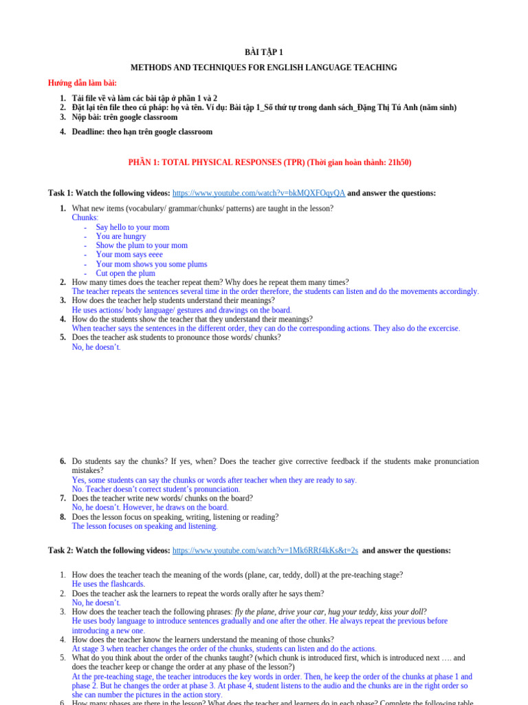 English Teaching Methods: TPR & TBL | PDF | Second Language | Learning