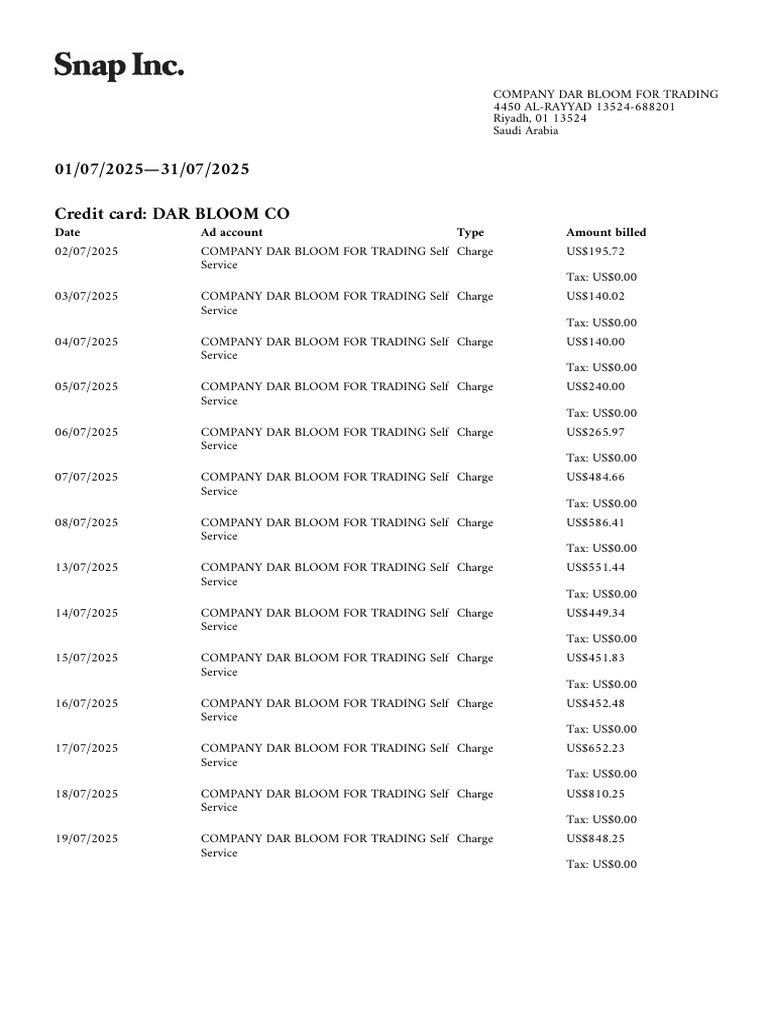 Snap Ads Transactions - Company Dar Bloom For Trading - 2025-07-01-2025 ...